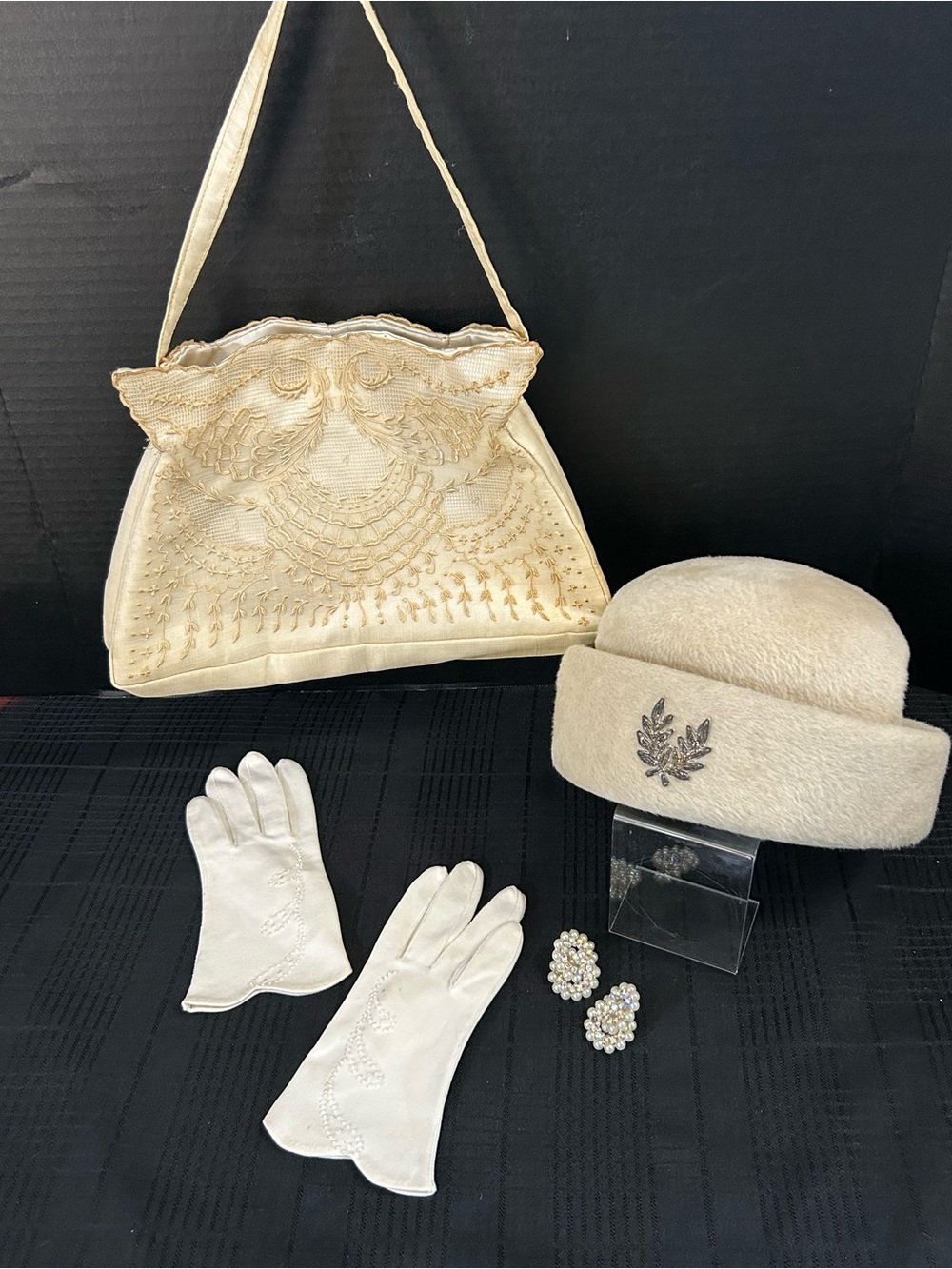 Vintage Ivory Embroidered Evening Bag, Gloves, Clip-On Earrings, & Hat